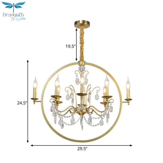 Metallic Golden Ceiling Pendant Circular 6/8 - Head Colonial Style Chandelier Light With Crystal