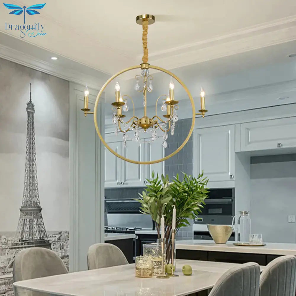 Metallic Golden Ceiling Pendant Circular 6/8 - Head Colonial Style Chandelier Light With Crystal