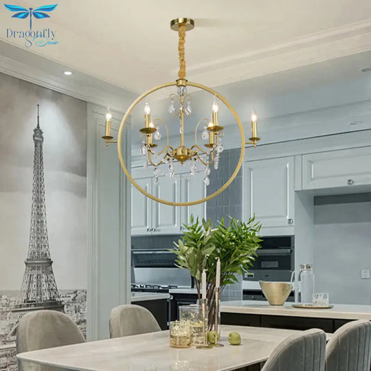 Metallic Golden Ceiling Pendant Circular 6/8 - Head Colonial Style Chandelier Light With Crystal