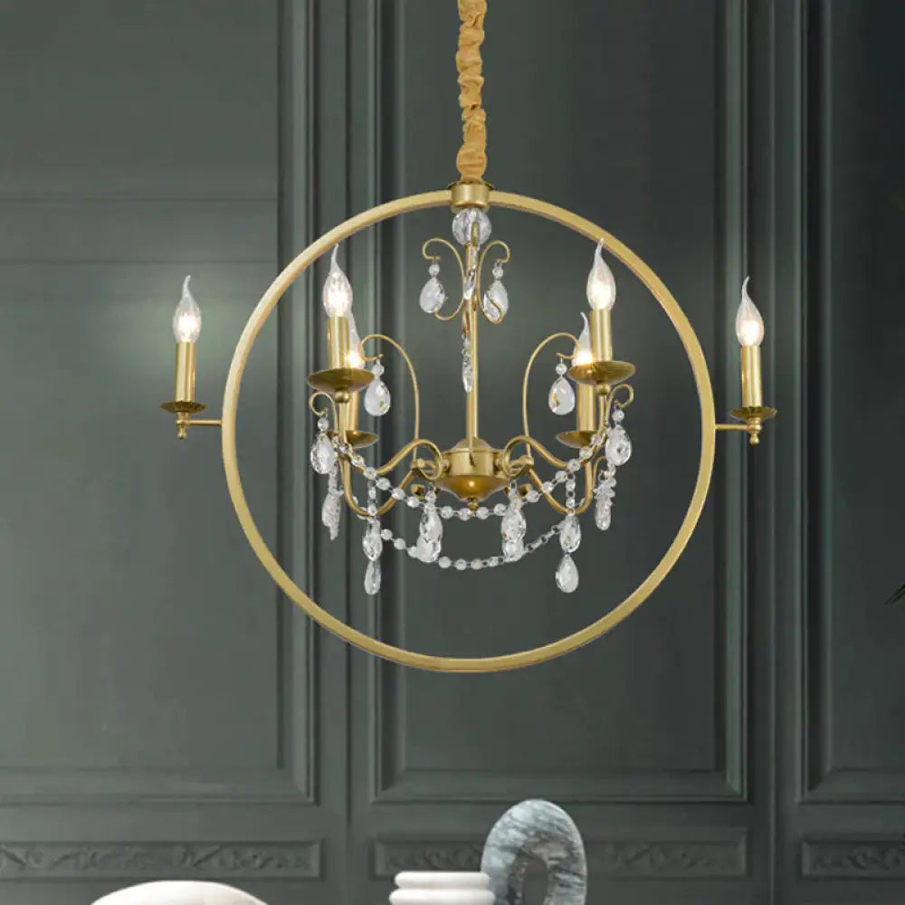 Metallic Golden Ceiling Pendant Circular 6/8 - Head Colonial Style Chandelier Light With Crystal