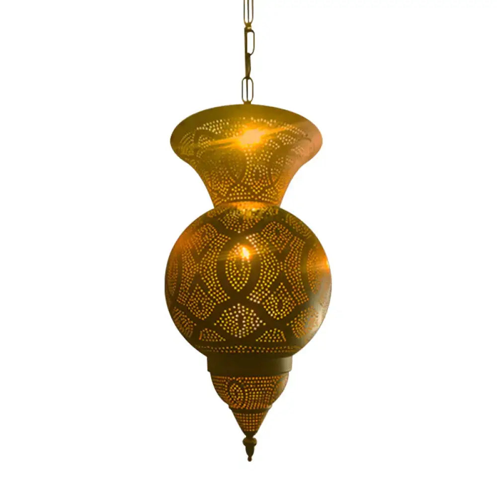 Metallic Vase/Gourd Pendant Lamp Vintage 3 - Head Coffee House Hanging Chandelier In Brass / A