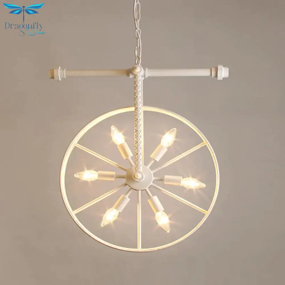 Metallic Wheel Chandelier Lamp Art Deco 6 Lights White/Black/Rust Pendant Ceiling Light For