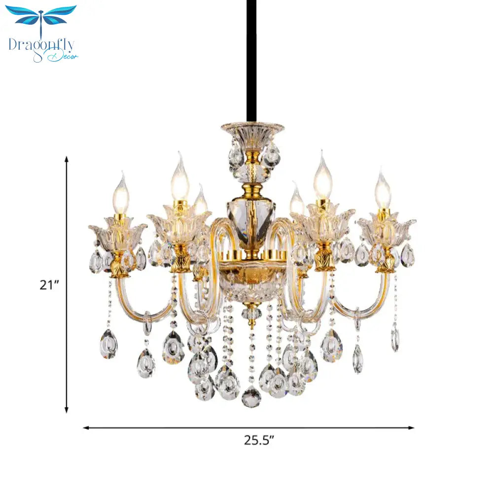 Mid - Century Candle Chandelier 6 Heads Clear Crystal Suspension Pendant Light In Gold For Bedroom