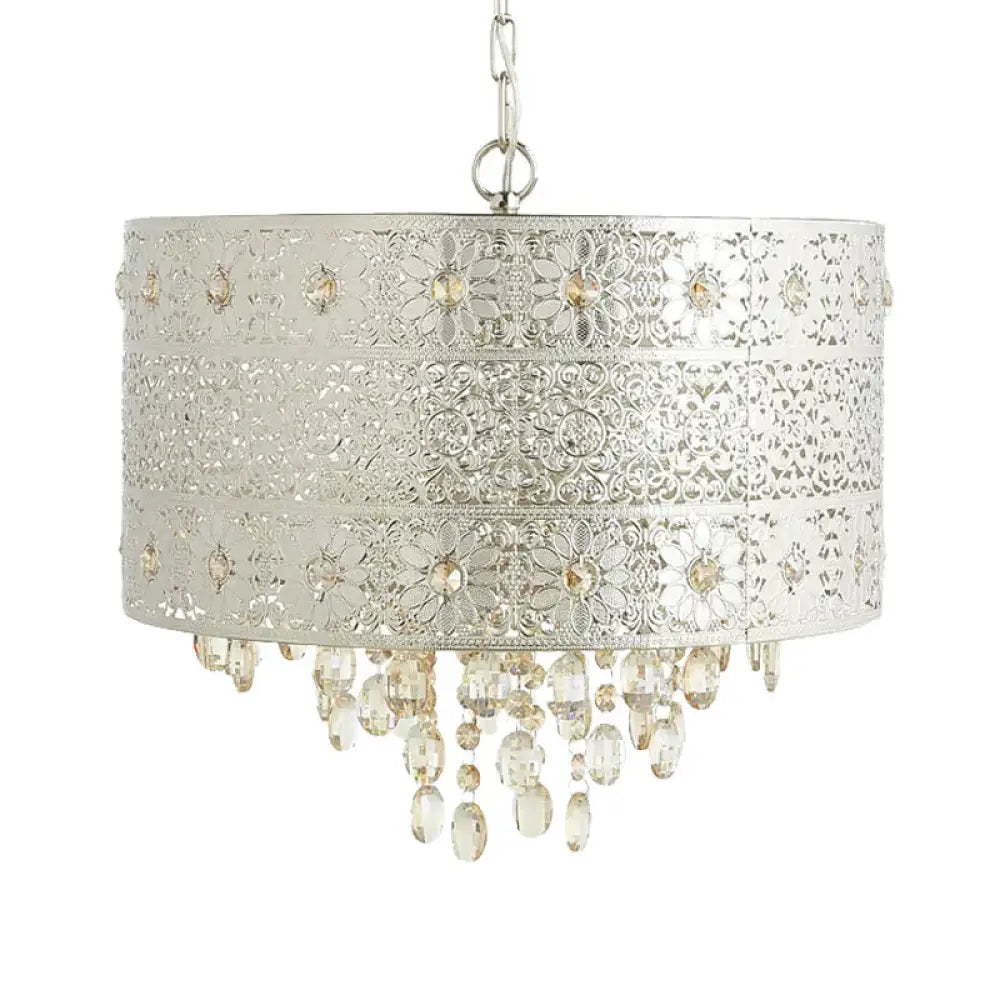 Mid - Century Drum Ceiling Chandelier Clear K9 Crystal 4 Bulbs Dining Table Pendant Lamp In Silver