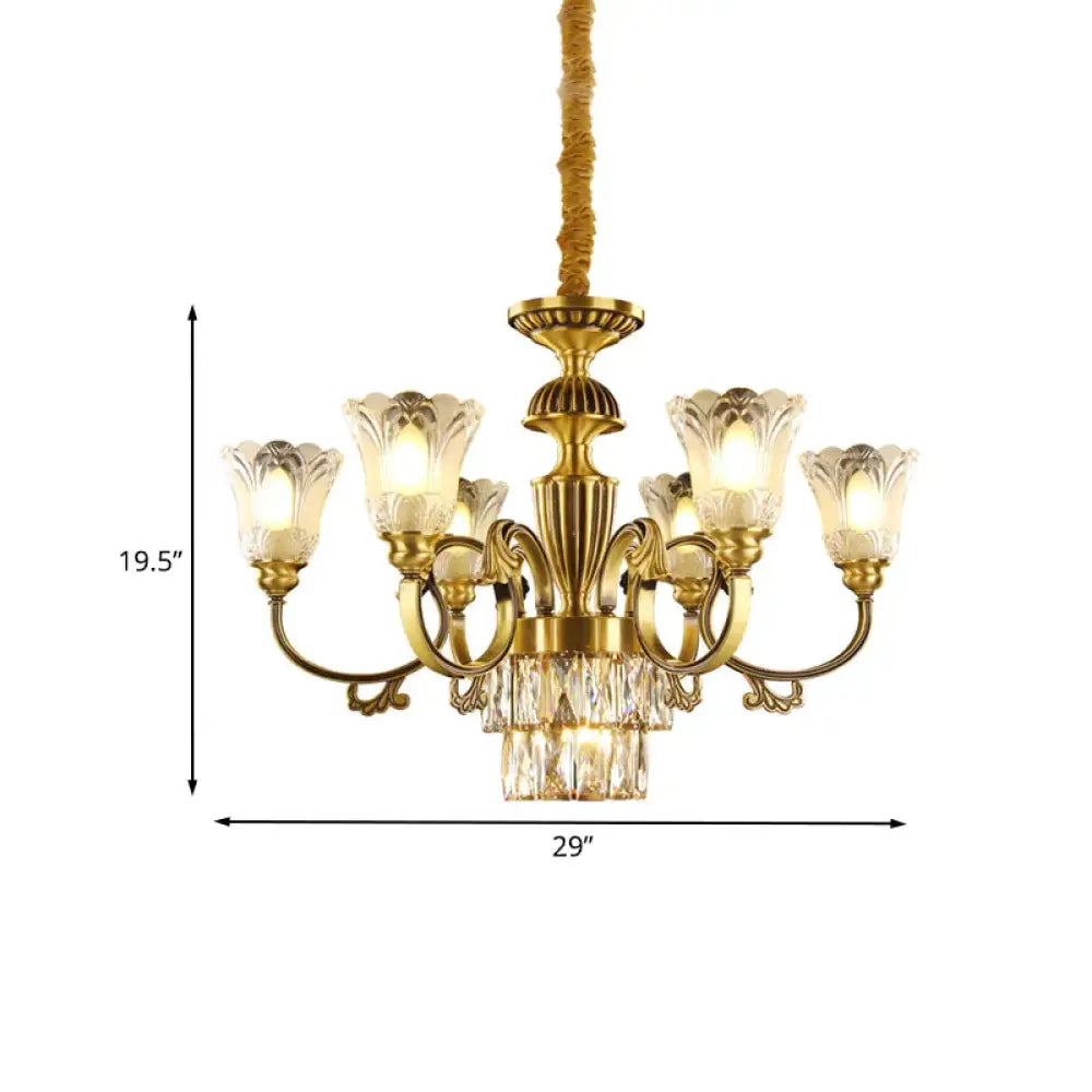 Mid - Century Floral Shade Pendant Chandelier 9 - Head Prismatic Optical Crystal Pendulum Light In