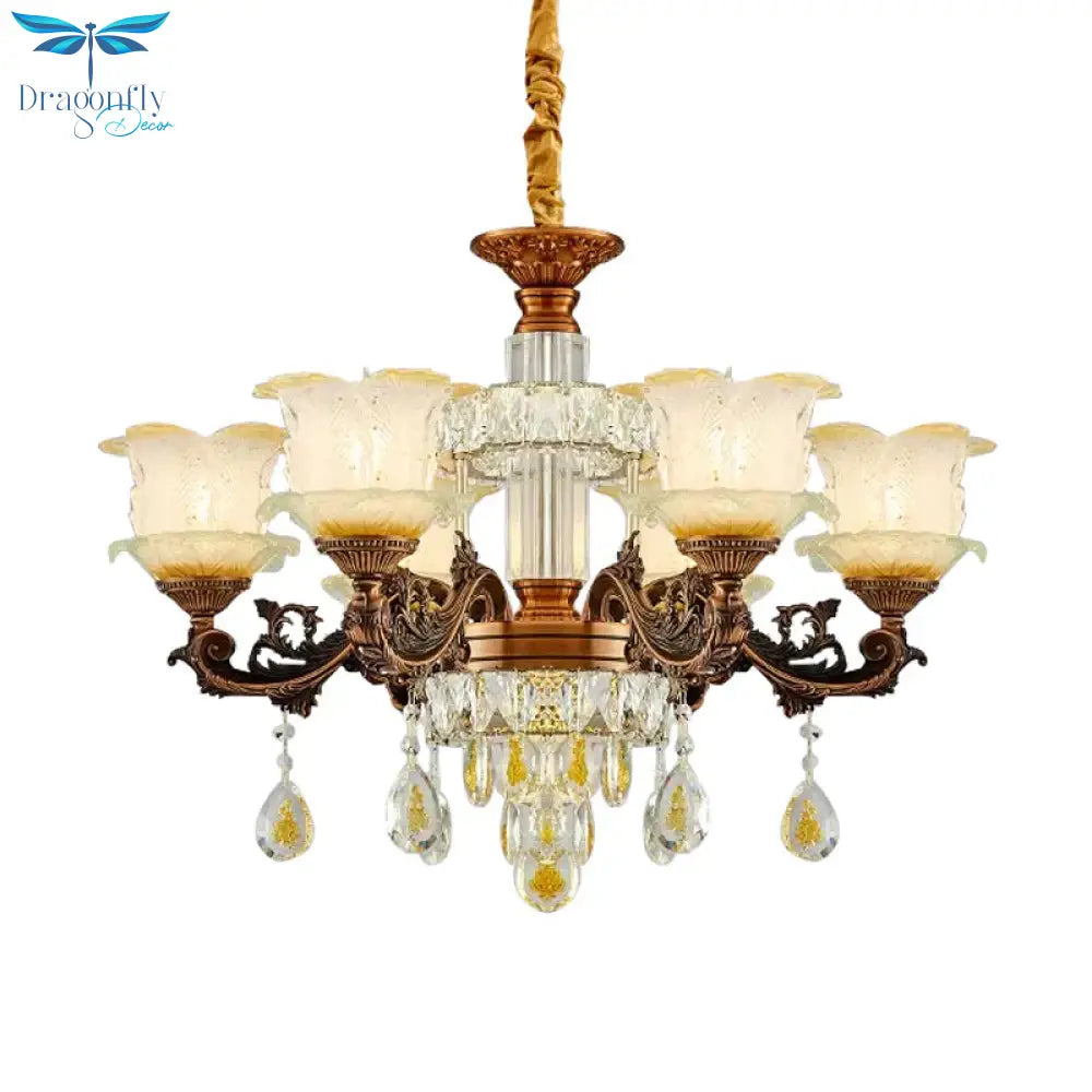 Mid Century Flower Chandelier Lighting Frosted Glass 6 Lights Living Room Pendulum Lamp In Brown