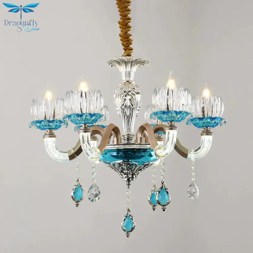 Mid - Century Lotus Buds Chandelier 6 Bulbs Clear And Blue Crystal Suspension Light For Restaurant
