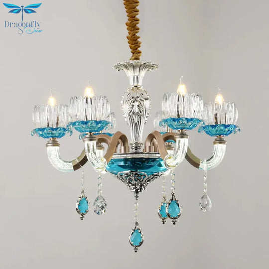 Mid - Century Lotus Buds Chandelier 6 Bulbs Clear And Blue Crystal Suspension Light For Restaurant