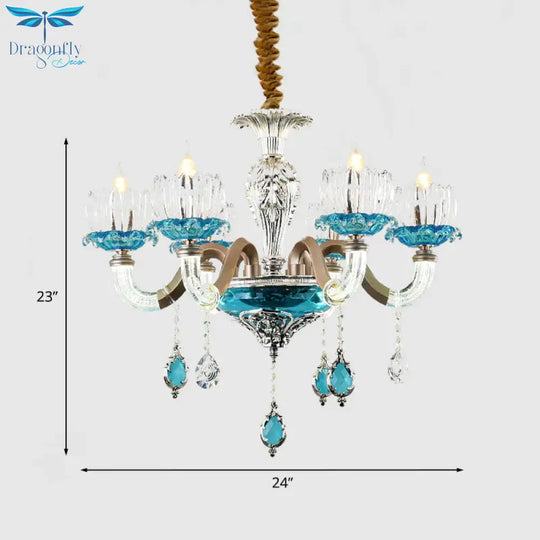 Mid - Century Lotus Buds Chandelier 6 Bulbs Clear And Blue Crystal Suspension Light For Restaurant