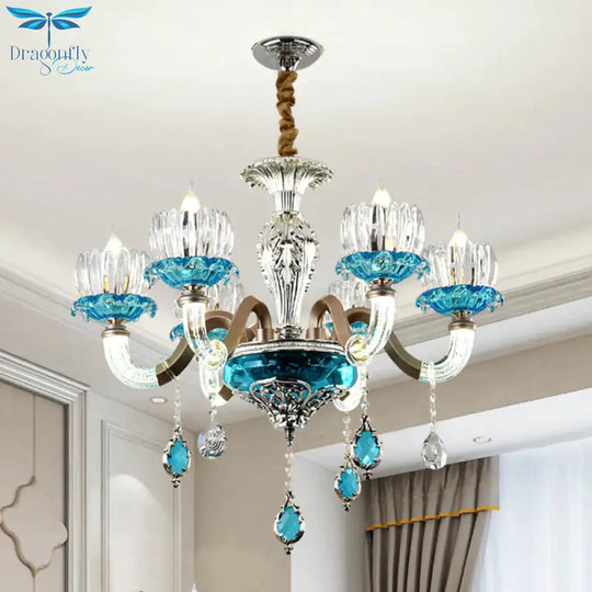 Mid - Century Lotus Buds Chandelier 6 Bulbs Clear And Blue Crystal Suspension Light For Restaurant