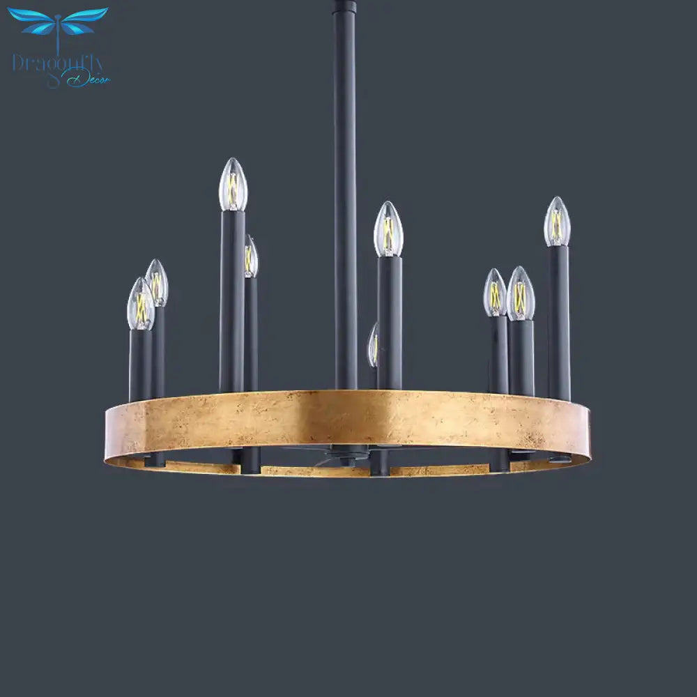Mid - Century Wheel Chandelier 9/12 Heads Metal Ceiling Suspension Lamp In Black - Gold With Candle
