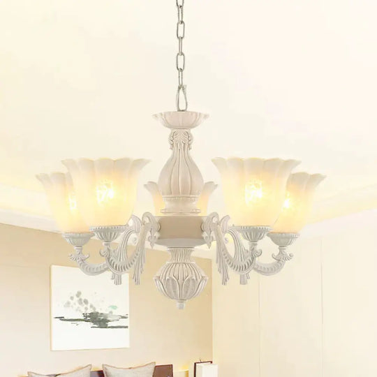 Milk Glass Blossom Chandelier Traditional 3/5/8 Heads Dining Room Hanging Pendant Light In Beige 5 /