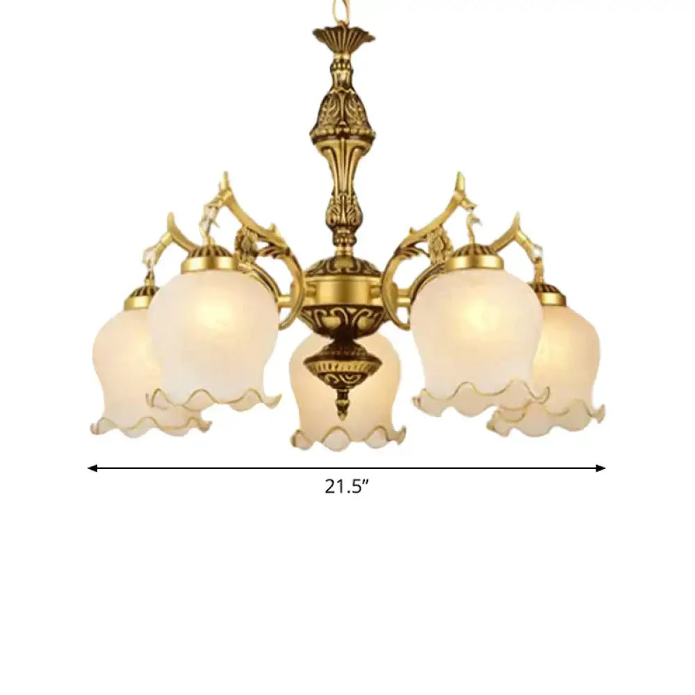 Milky Glass Bronze Suspension Light Semi - Bloom Flower 5 - Light Traditional Chandelier