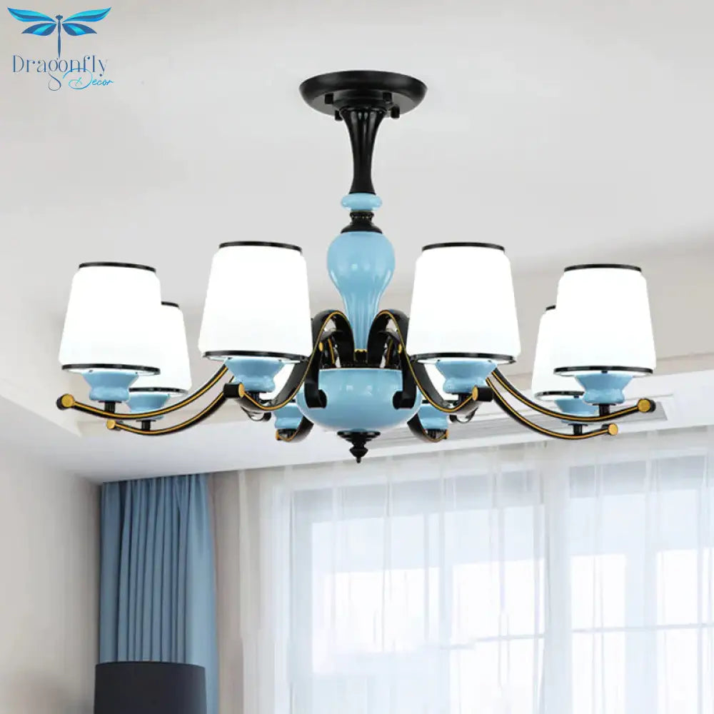 Milky Glass Empire Shade Suspension Pendant Light Countryside Style 3/6/8 - Head Living Room
