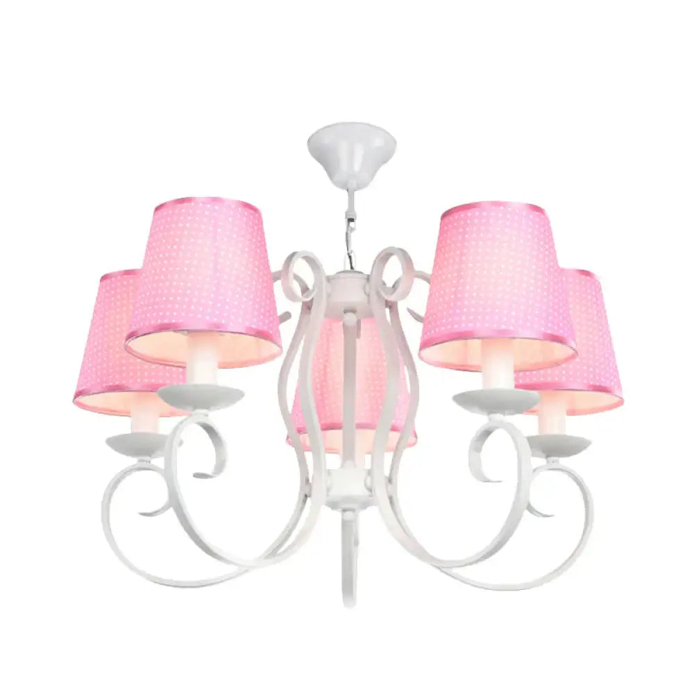 Minimalism Barrel Ceiling Chandelier Fabric 5 Lights Bedroom Hanging Light Fixture In Pink