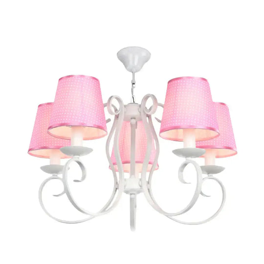 Minimalism Barrel Ceiling Chandelier Fabric 5 Lights Bedroom Hanging Light Fixture In Pink