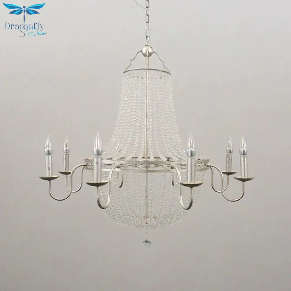 Minimalism Beaded Hanging Chandelier 6 Lights Crystal Pendant Lamp In Silver For Living Room