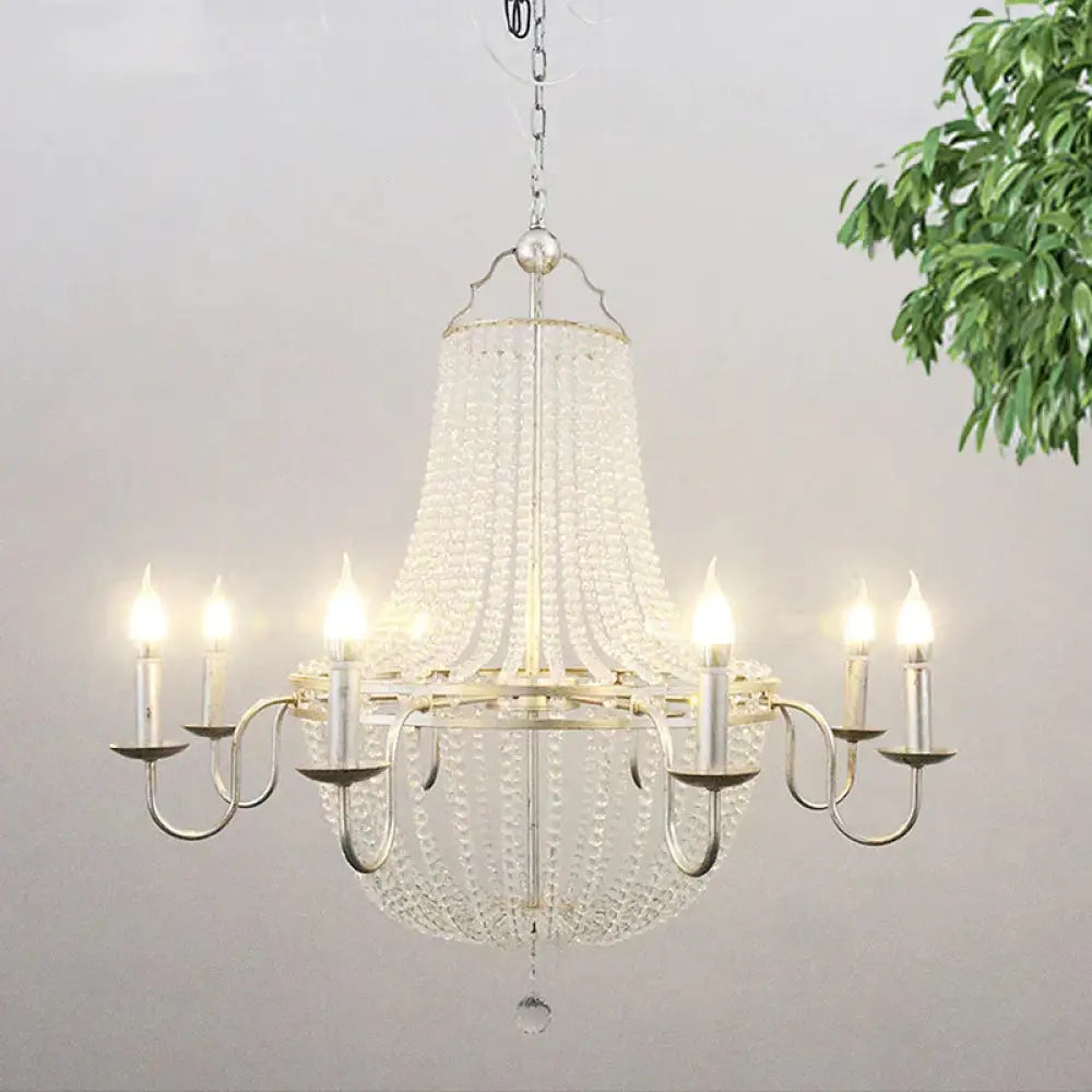 Minimalism Beaded Hanging Chandelier 6 Lights Crystal Pendant Lamp In Silver For Living Room