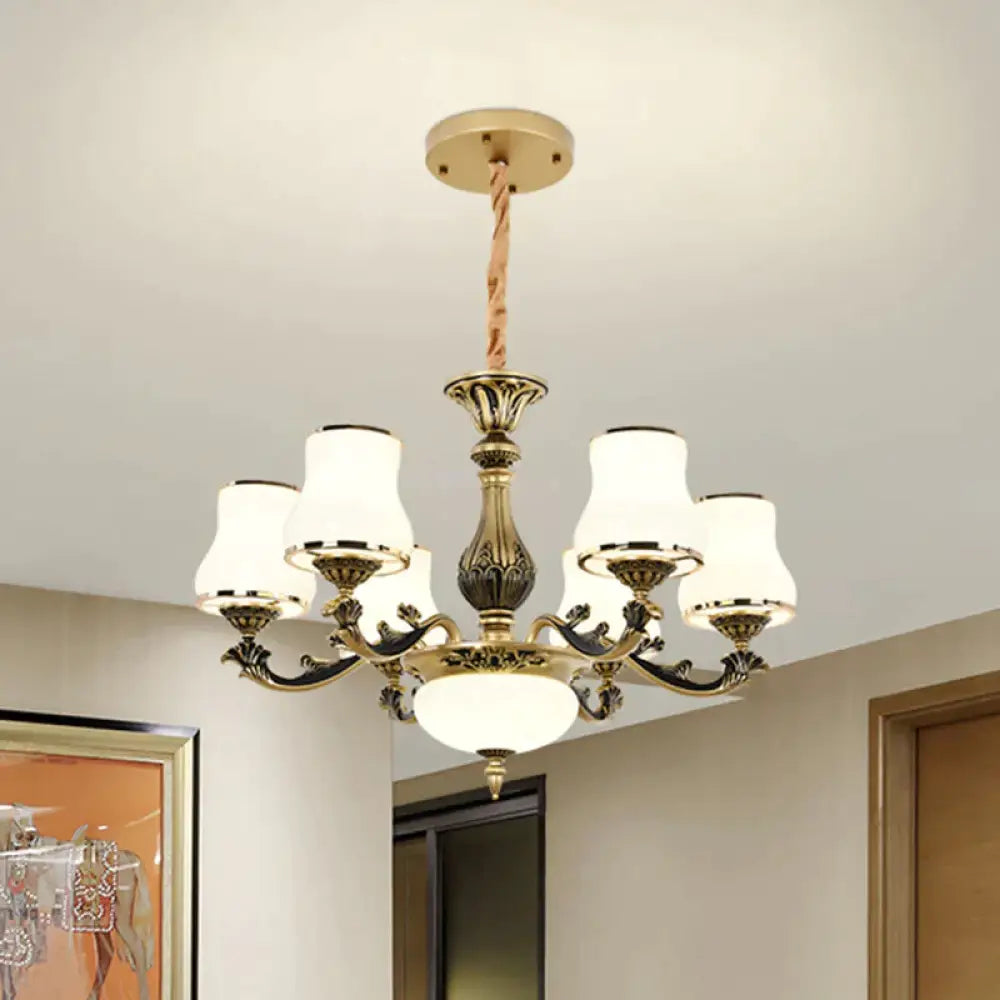 Minimalism Trumpet Pendant Light 3/6 Bulbs Milky Glass Hanging Chandelier With Curvy Arm In Black -