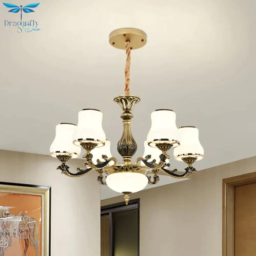 Minimalism Trumpet Pendant Light 3/6 Bulbs Milky Glass Hanging Chandelier With Curvy Arm In Black -