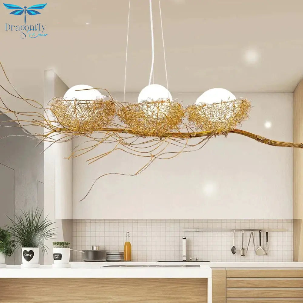 Modern Bird’s Nest Chandelier Lighting Dining Golden With Led Lamp Lustre De Cristal Pendant