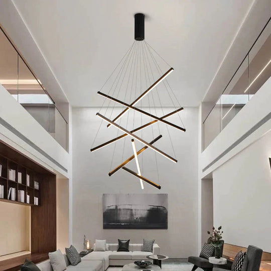 Modern Black Stair Chandelier Simple Modern Duplex Building High - Rise Empty Living Dining Room