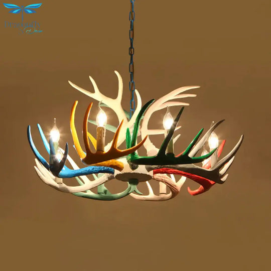 Modern Candle Hanging Lamp 8 Bulbs Metal Chandelier Light Fixture With Decorative Antler In Blue