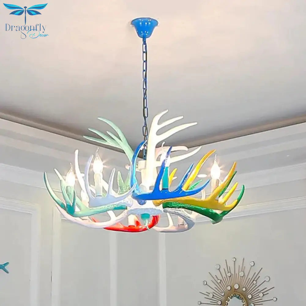 Modern Candle Hanging Lamp 8 Bulbs Metal Chandelier Light Fixture With Decorative Antler In Blue
