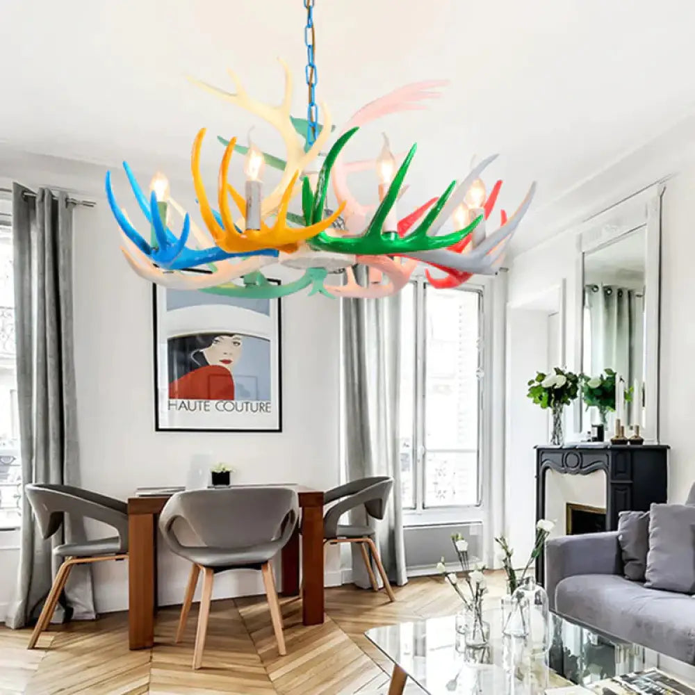 Modern Candle Hanging Lamp 8 Bulbs Metal Chandelier Light Fixture With Decorative Antler In Blue