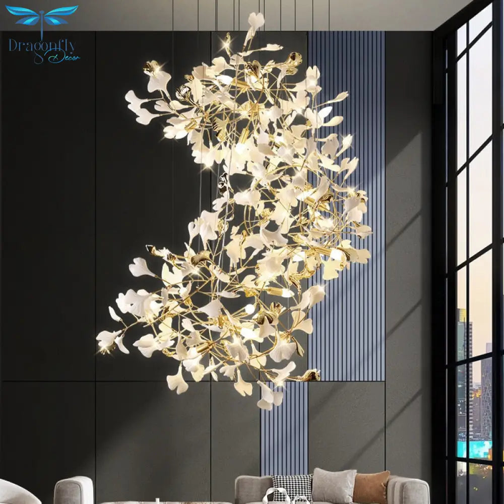 Modern Ceramic Petal Chandelier Nordic Design Ginkgo Branch Leaves Copper Led Lighting Living Room