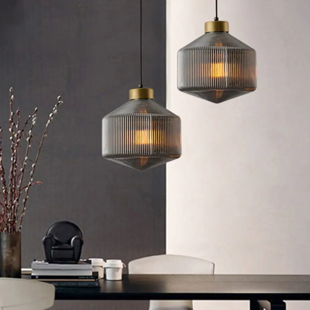 Modern Clear/Amber/Smoke Grey Prismatic Glass 1 - Light Drum Pendant Ceiling Lamp Smoke Gray
