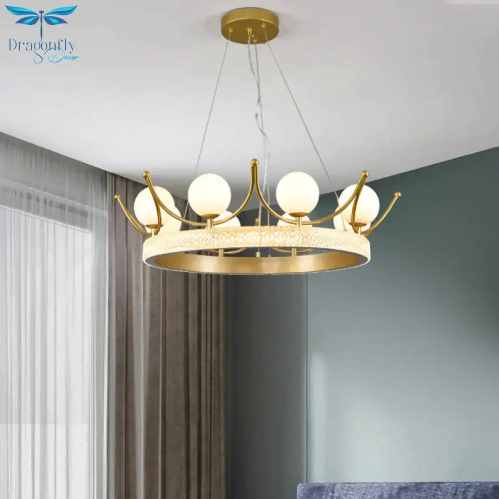 Modern Crown Shape Suspension Lamp Metal 6 Lights Girl Room Led Ceiling Chandelier In Gold With Orb