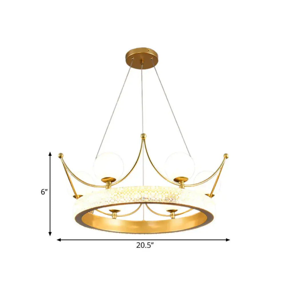 Modern Crown Shape Suspension Lamp Metal 6 Lights Girl Room Led Ceiling Chandelier In Gold With Orb