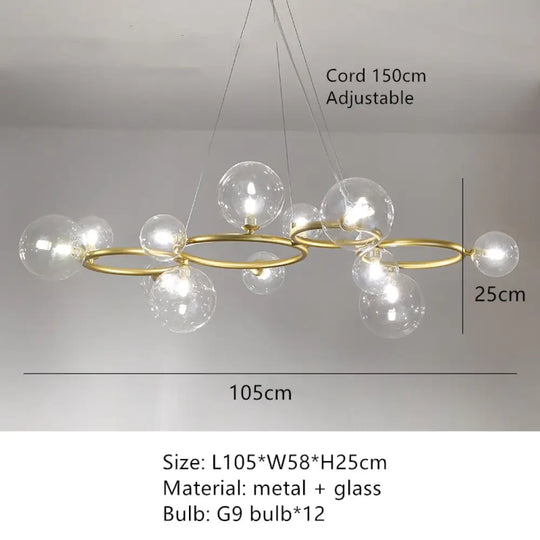 Modern Design Led Transparent Glass Ball Gray White Hanging Pendant Light 12 Balls / Gold Metal