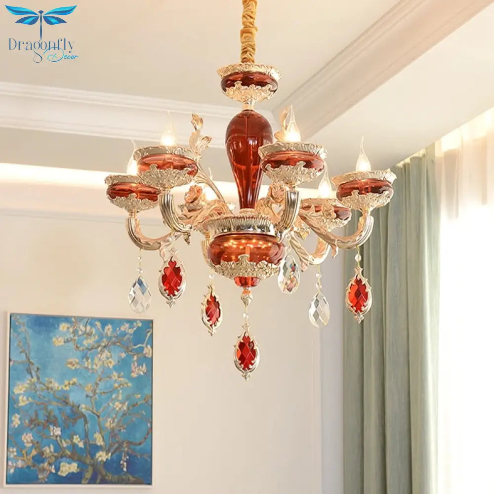 Modern European K9 Crystal Zinc Alloy Rose Golden Red Chandeliers 6/8/10 Lights Dinning Room Living