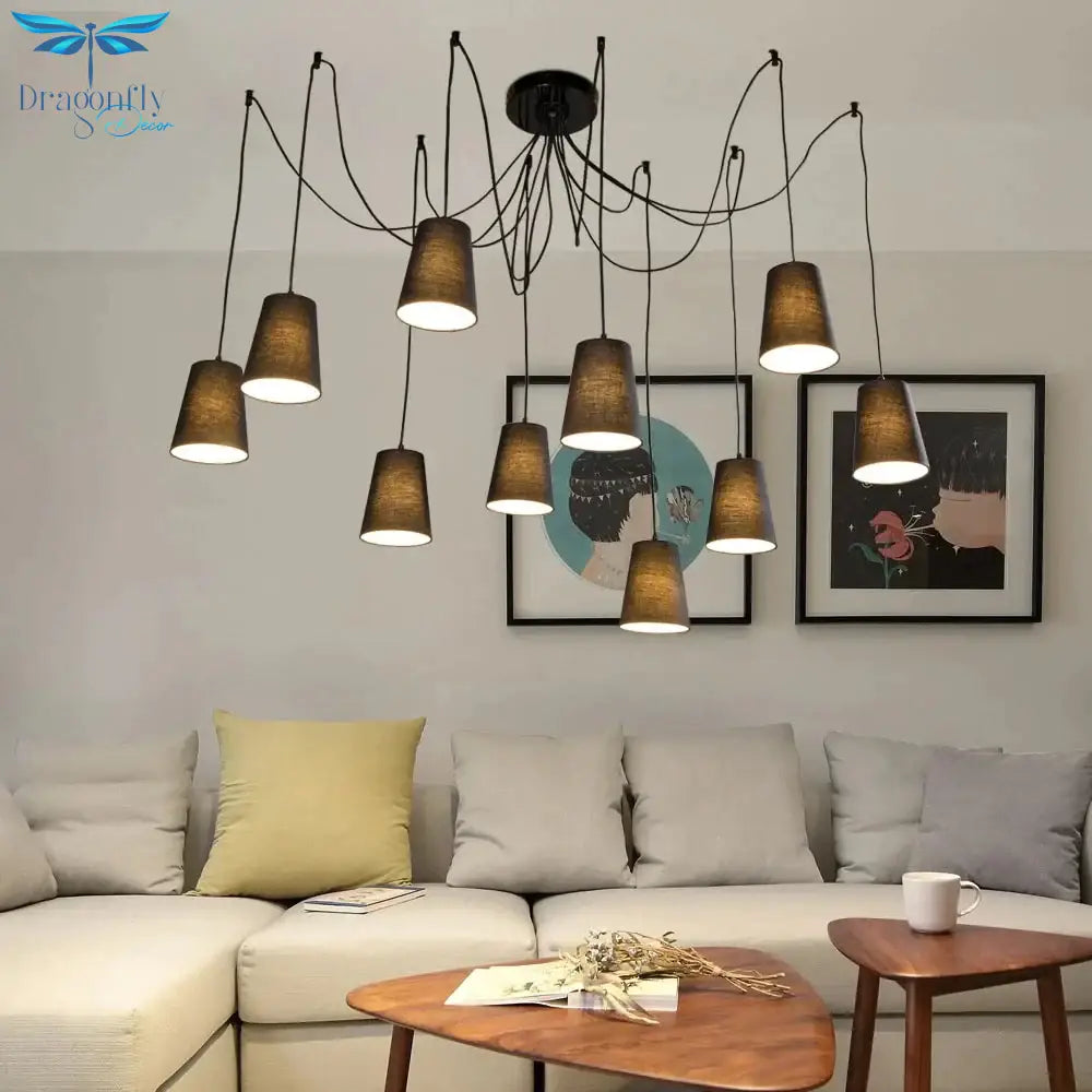 Modern Large Black/White Spider Braided Pendant Lamp Diy 10 Heads Clusters Of Hanging Fabric Shades