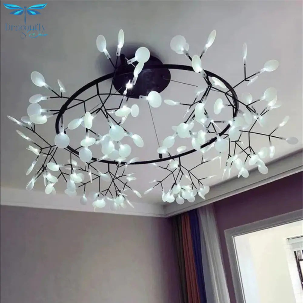 Modern Led Big Round Pendant Lamp With Firefly Tree Branch And Leaf Design Ideal For Restaurants