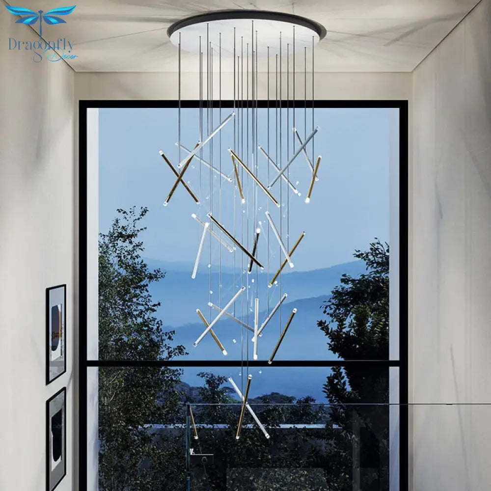 Modern Led Chandelier For Staircase Living Room Creative Tube Design Lamp Gold Chrome Black Luxury