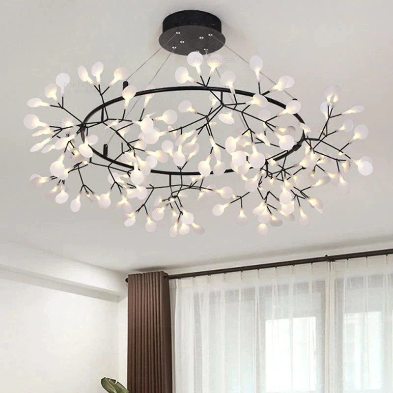 Modern Led Lamp Firefly Tree Branch Leaf Pendant Light Round Flower Suspension Lamps Black / Dia