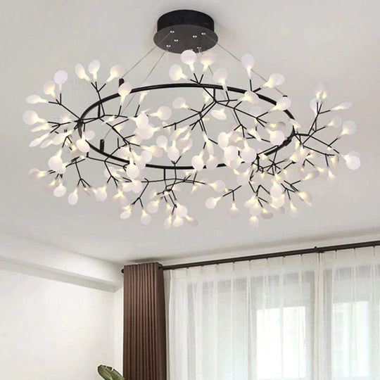 Modern Led Lamp Firefly Tree Branch Leaf Pendant Light Round Flower Suspension Lamps Black / Dia