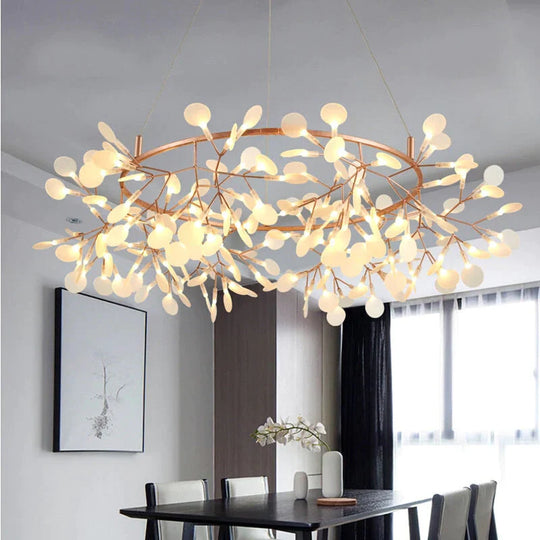 Modern Led Lamp Firefly Tree Branch Leaf Pendant Light Round Flower Suspension Lamps Champagne Gold