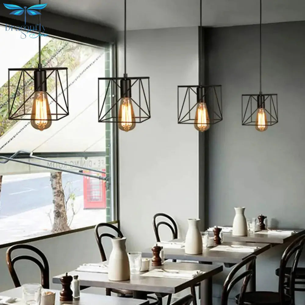 Modern Pendant Light Black Iron Hanging Cage Vintage E27Led Lamp Bulb Industrial Loft Retro Dining