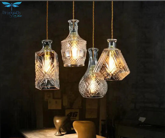 Modern Personality E27 Glass Hanging Lights Wine Bottle Engraved Pendant Lamps For Dining Room