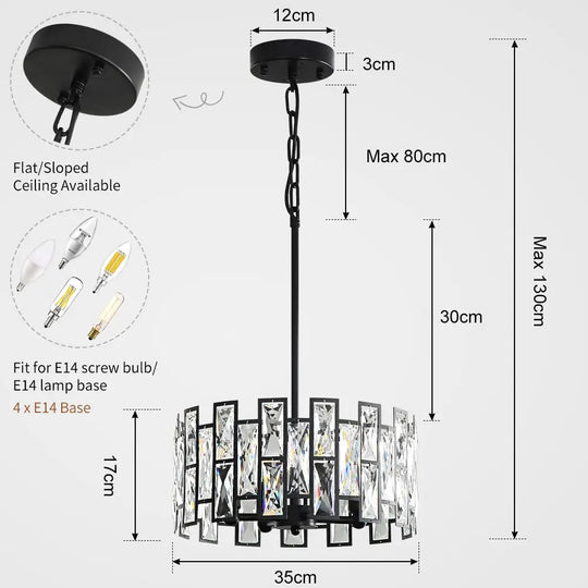 Modern Round Crystal Black Chandelier For Living Room Dining Bar Lighting 4 Heads / Warm White