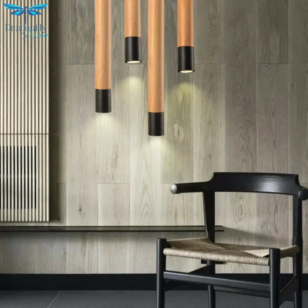 Modern Simple Single Personality Solid Wood Cylinder Straight Chandelier Creative Bar Restaurant