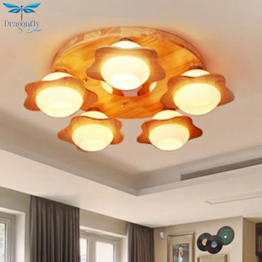 Modern Wood Flushmount With Flower Ivory Glass Shade - 5 Lights Bedroom Flush Ceiling Light