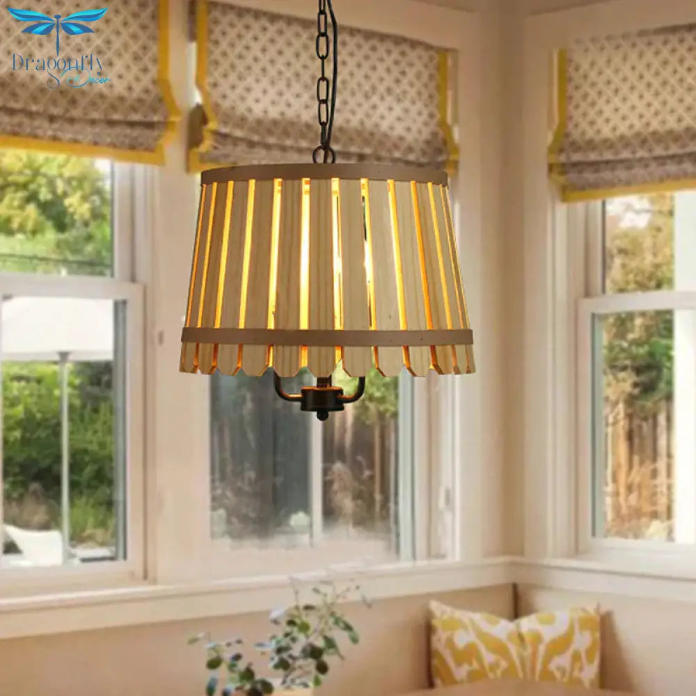 Modern Wooden Wide Slatted 3 Lights Chandelier Blue/Green/Wood Hanging Pendant For Dining Room