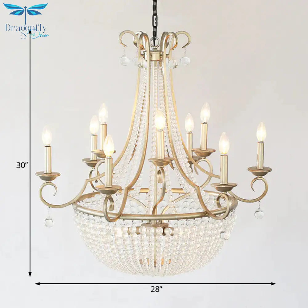 Modernism Candle Ceiling Chandelier Crystal 9 Heads Hanging Light Fixture In Brass For Bedroom