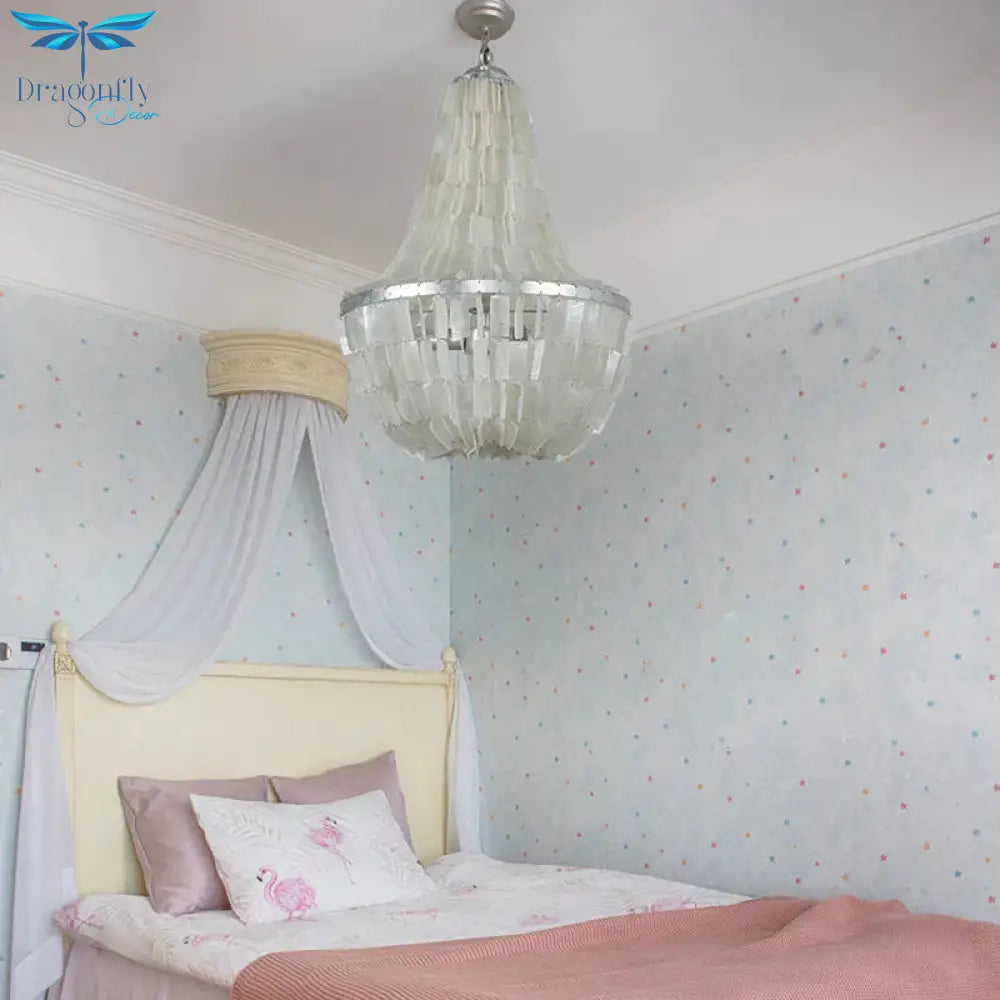 Modernism Gourd Empire Chandelier Shell 3 Heads Hanging Light Fixture In Beige For Bedroom