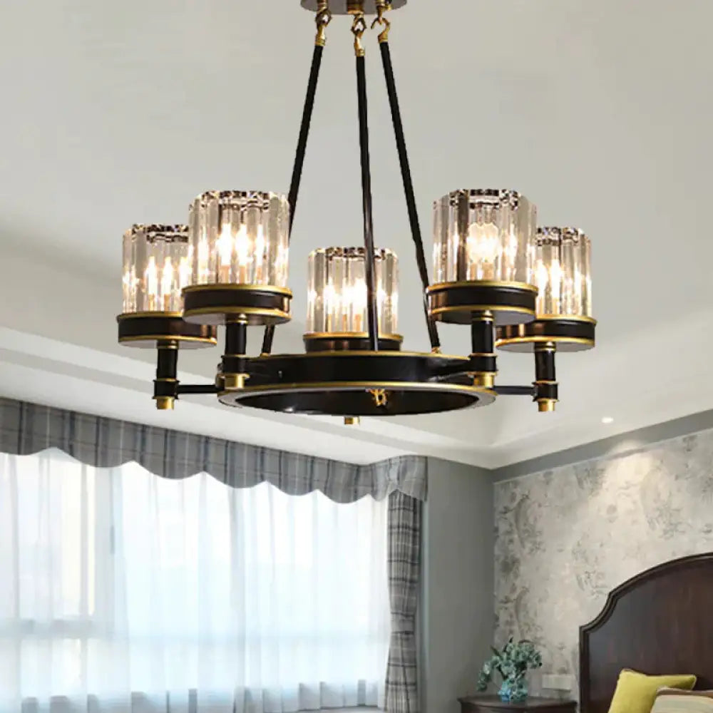 Modernist Cylinder Ceiling Chandelier Clear Crystal 5/6/8 Bulbs Living Room Pendant Lamp In Black 5